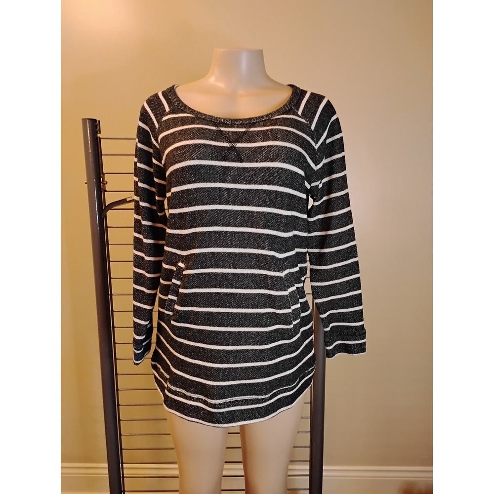 French Laundry Womens‎ Black White Striped Kangaroo Pocket Pullover Top Medium